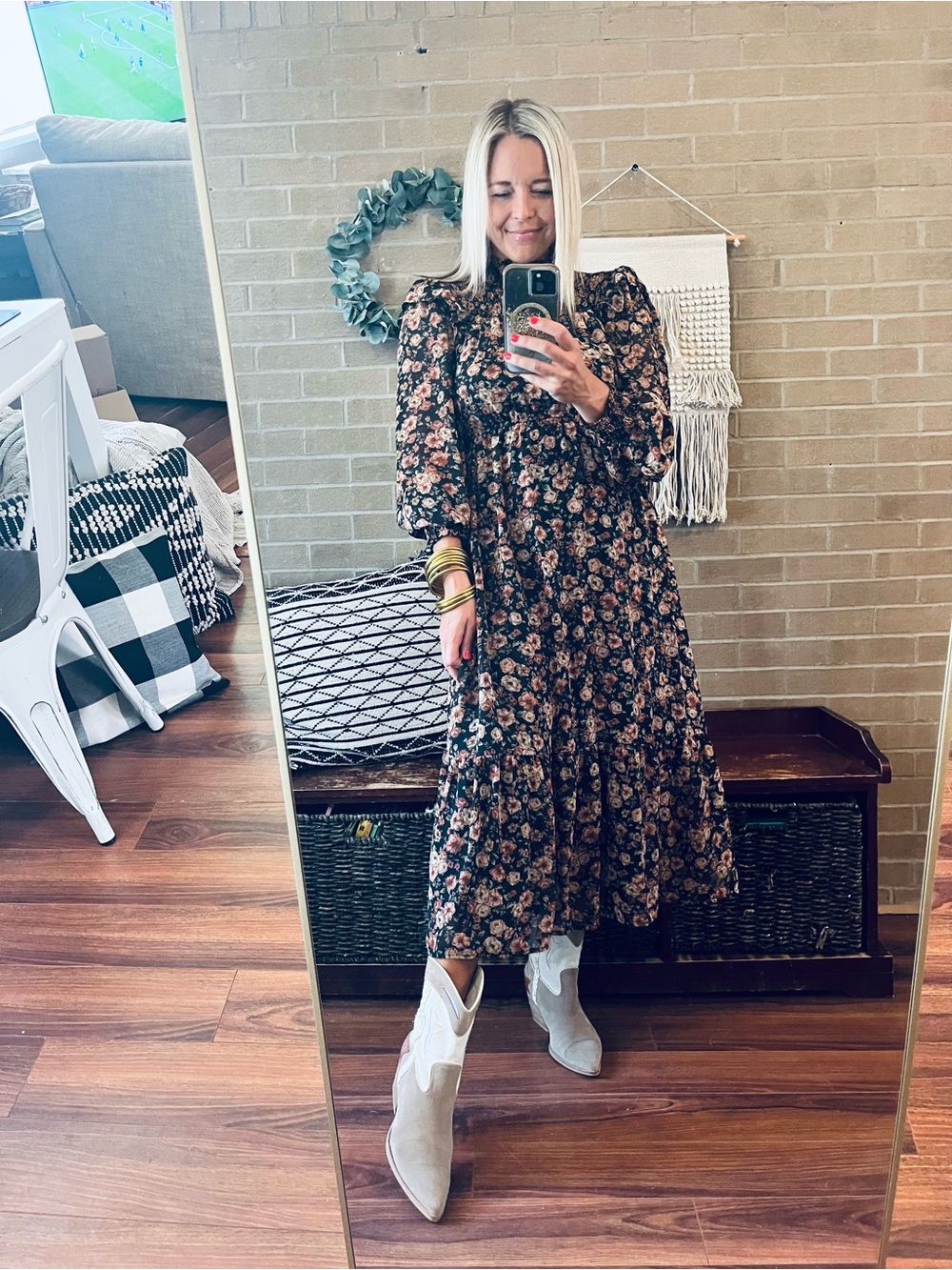 Black Floral Midi Dress with Ruffle Neck